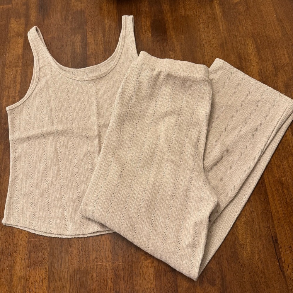 Live 2 Lounge Womens Beige Pointelle Knit Tank Top and Wide Leg Pants Set L